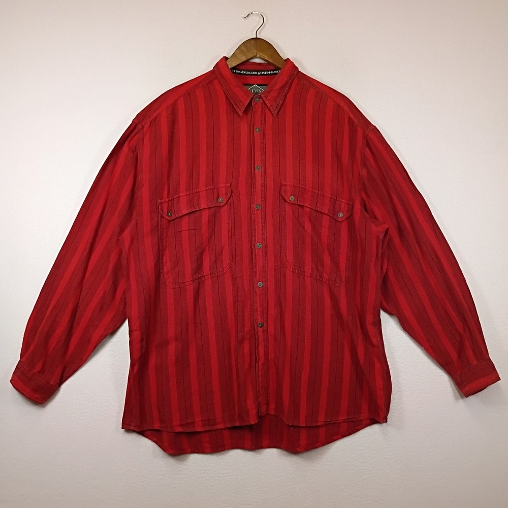 90s Grunge Levis Diamond Label Mens XL Red Striped Cotton Button Down Shirt